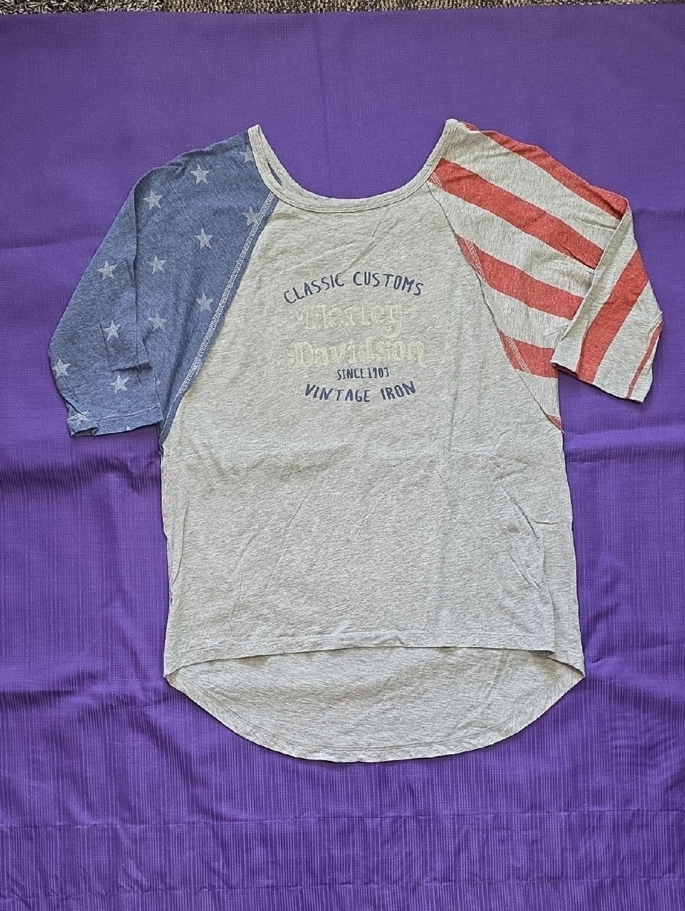 Harley-Davidson Heather Gray Raglan Tee with Red & Blue Star-Stripe Sleeves